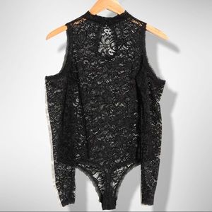 JUST ONE SECRET LACE COLD SHOULDER LACE BODYSUIT